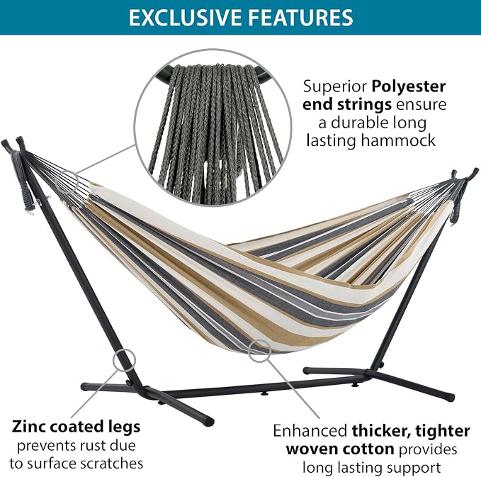 Vivere Double Cotton Hammock with Space Saving Steel Stand, Upgraded Polyester End Strings 450 lb Capacity - Premium Carry Bag Included (Desert Moon) - Image 6