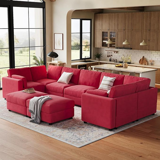 IDEALHOUSE 172" Modular Sectional Sofa, 9 Seater Sectional Couch, U-Shape Modern Sofa with Ottoman, Deep Seat, Oversized Convertible Modular Couch for Living Room Apartment Office, Chenille, Red