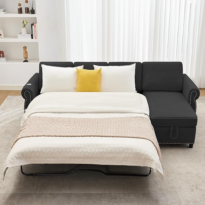 ERYE L-Shaped Reversible Sectional Sofa with Pull Out Queen Memory Mattress Sleeper Bed, 2-in-1 L-Shaped Corner Sectional Couches W/Wireless Charging, Storage Chaise Lounge