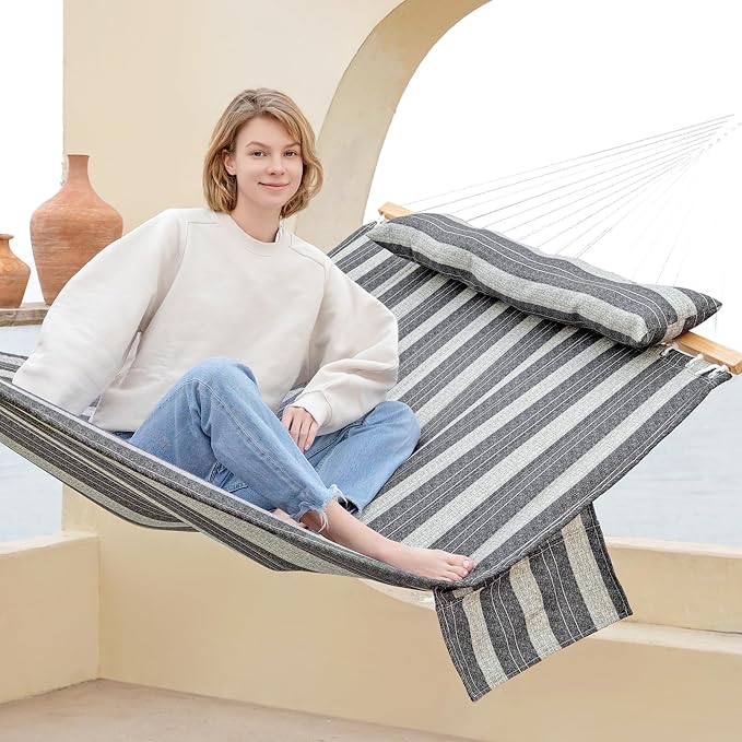 GAFETE Hammock 2 Person Quilted Fabric Hammocks for Outside, Double 12ft Hammocks with Spreader Bar, Large Removable Pillow, Storage Bag, Carabiners, Max 475 lbs Capacity (Mountain Mist Gray) - Image 2