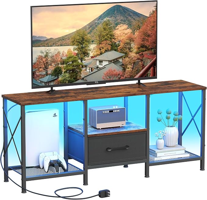 JARHETUN LED TV Stand with Fabric Drawer, Entertainment Center for 50 55 Inch TV, Industrial TV Console Table with Open Storage Shelves for Living Room, Bedroom, Rustic Brown by JARHETUN