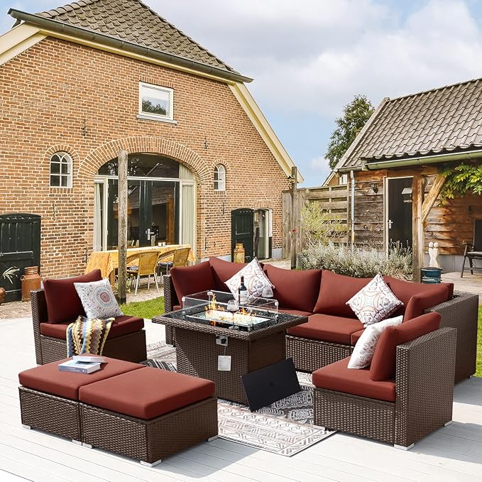 BULEXYARD 9 Piece Highback Patio Furniture Set with Fire Pit Table, Modern Modular Outdoor Sectional Couch Sofa with Ottoman, 8-Person Backyard Seating for Outside, Deck, Brown Wicker & Red Cushion