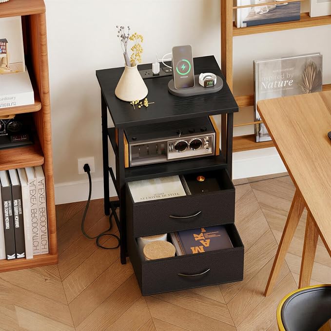 Fixwal Black Night Stand with Charger Station, Nightstand with Charging Station & Fabric Drawers - Image 7