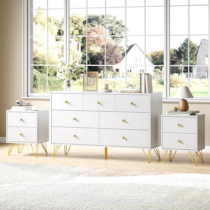 White Dresser and Nightstand Sets for Bedroom,3 Pcs Bedroom Set with Metal Legs, 7 Drawer Dresser & Night Stand Set of 2 with Gold Handles,Bedroom Furniture Sets,Modern Dresser Sets