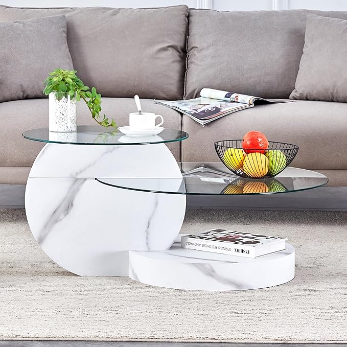 35.4" Glass Coffee Table, Round Coffee Table, 2-Tier Tempered Glass Tabletop with White Faux Marble Base, Modern Center Table for Living Room, Home, Apartment, Ideal for Small Space