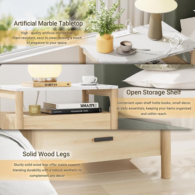 Night Stand Set 2, 23" Nightstands Set of 2, Modern Nightstand with Charging Station & Faux Marble Top, 2 Drawer End Table with Solid Round Post Legs, Bedside Table for Bedroom, Natural Oak - Image 3
