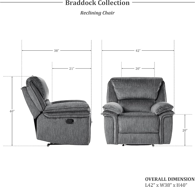 Lexicon Braddock Wall-Hugger Manual Reclining Living Room Set, 3-Piece, Gray