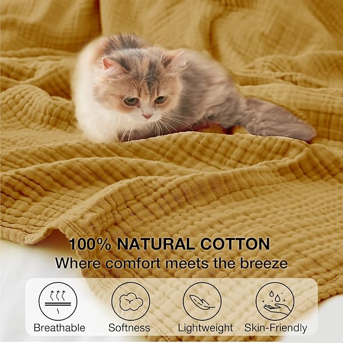 100% Cotton Muslin Blanket Large 50"x 70", 6 Layers Breathable and Lightweight Cotton Throw Blankets for Couch, Soft Cooling Summer Gauze Blanket for Adults All Season, Mustard