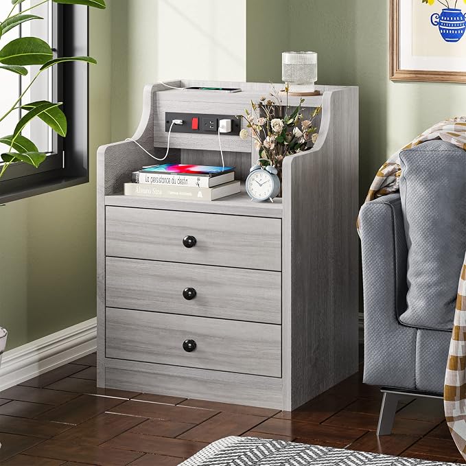 ADORNEVE Nightstand Set 2,Gray Nightstand with Charging Station & Hutch,Night Stands for Bedrooms Set of 2,Bedside Table with Drawers - Image 7