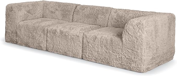 Furniture of America Havyn Modern Faux Fur 3-Seater Modular Foam Sofa with Curved Arms & Deep Seat, Compressed Couch in a Box, No Assembly Required, for Living Room and Office, Taupe