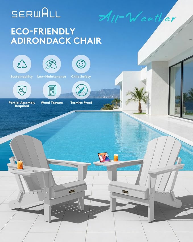 SERWALL Folding Adirondack Chair, Patio Adirondack Chairs with 4 in 1 Multi-Functional Cup Holder, Wooden Textured, All Weather Plastic Fire Pit Chair for Outdoor, Garden, Backyard, Deck- Spanish Gray - Image 7