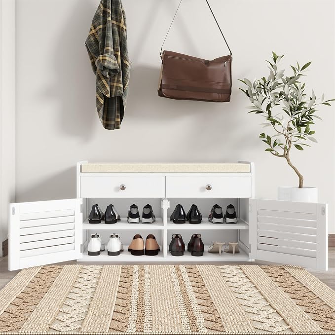 WARMHONIU Shoe Storage Bench with 2 Drawers, Entryway Bench with Cushion, Adjustable Shelves, Shoe Rack Bench with Louvered Doors for Entryway, Bedroom, Hallway, White - Image 3