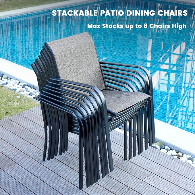 VICLLAX 5 Pieces Patio Dining Set, Patio Furniture Set of 4 Patio Stackable Dining Chairs and Outdoor Metal Square Table with Umbrella Hole for Backyard Lawn Garden, Brown Chairs and Walnut Table - Image 2