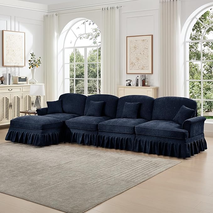 KEIKI Mid Century Modular Sofa with Flared Arms and Skirted Design, 137“ Oversized 4-Seater with Ottoman Luxury Chenille L-Shaped Sectional Couches for Living Room, Chaise Lounge Indoor, Blue