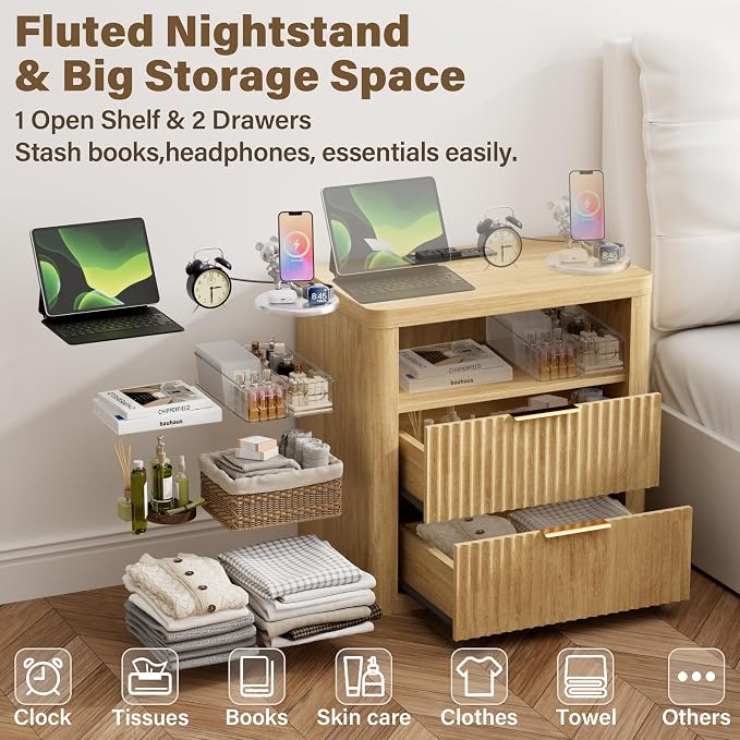 YESHOMY Fluted Nightstands Set of 2 with Charging Station,24" Night Stand with 2 Drawers and Storage Shelf,RGB LED Lighting,Arc Edge Fluted Bedside Table for Bedroom,Natural Wood - Image 5