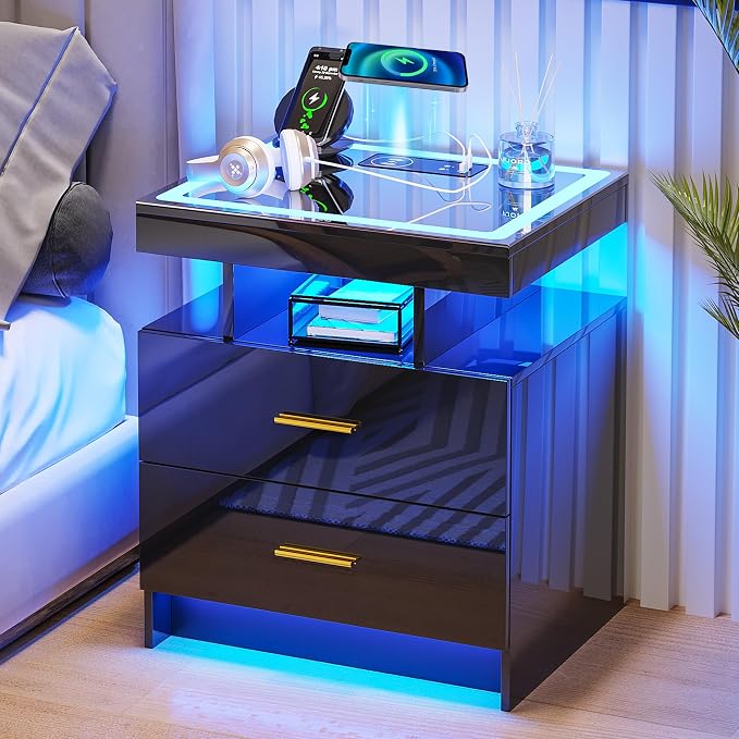 HNEBC LED Nightstand with Charging Station (USB,Type-C Ports) High Gloss Bedside Table with 2 Drawers, Smart Night Stand with Auto Sensor Lights,Modern Bed Side Table for Bedroom (Black) by HNEBC