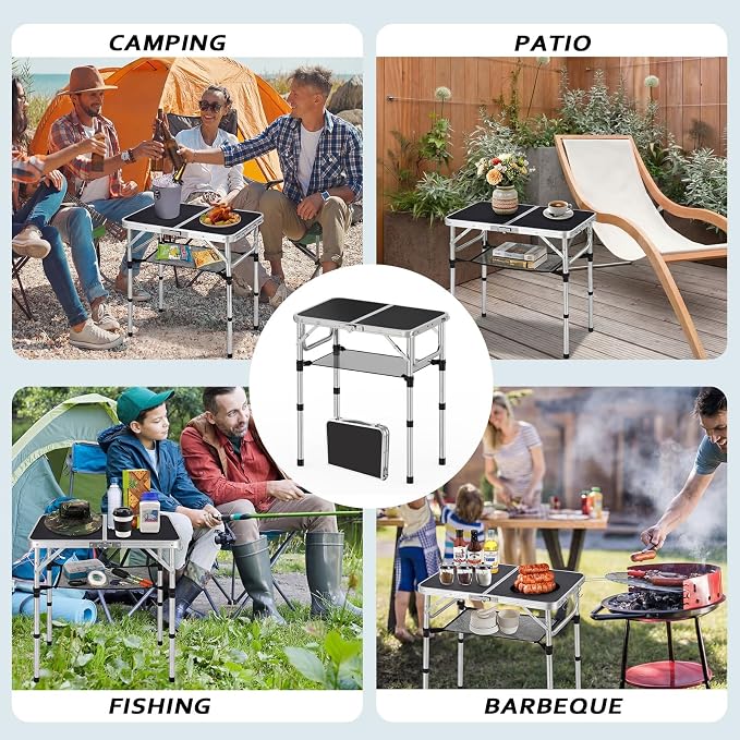 YihuiKo Folding Picnic Table with Storage Net, Black Aluminum Folding Table 23.6" x 15.8", Adjustable Height Max 27.5", Lightweight Portable for Camping Travel Indoor - Image 7