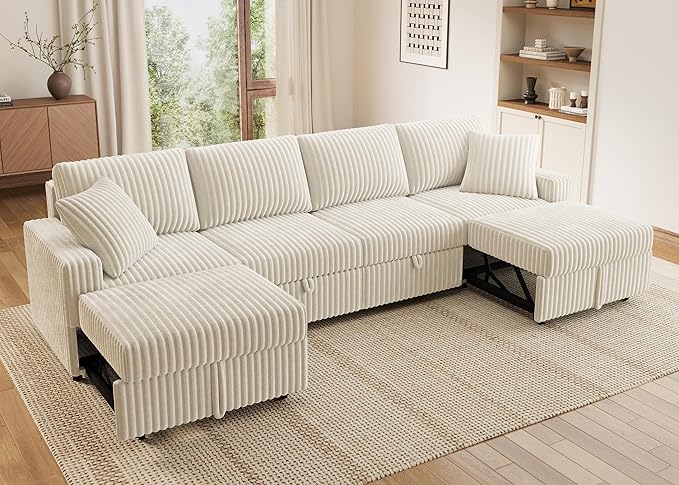HONBAY 121.3 Inch Sectional Sofa, Modular L & U Shaped Pull Out Couch with Adjustable Backrest & Storage, Velvet White
