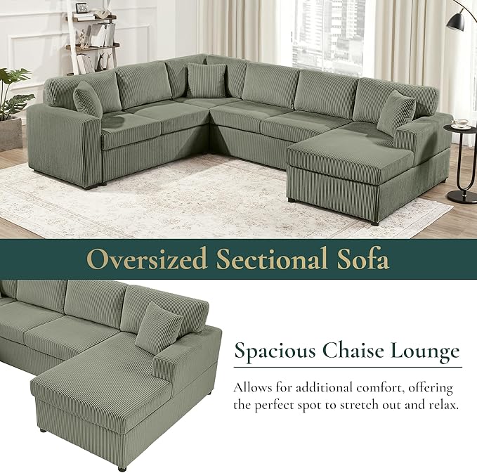 Eafurn Oversized U Shaped Modular Sectional Sofa, 115" Oversized Corduroy Upholstered Couch with Spacious Chaise Lounge & 3 Throw Pillows for Living Room, Apartment, Office