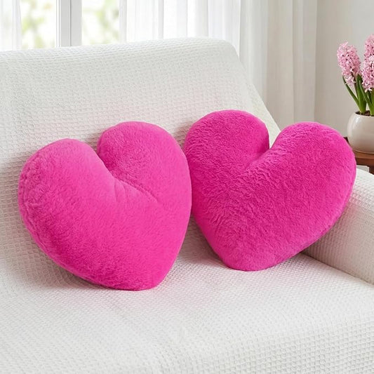 2 Pcs Hot Pink Heart Pillow Decorative Throw Pillows 16-inch Cute Soft Fluffy Heart Shaped Pillows for Bed Couch Sofa Bedroom Living Room Decor Aesthetic (Hot Pink, 16"x13.78")