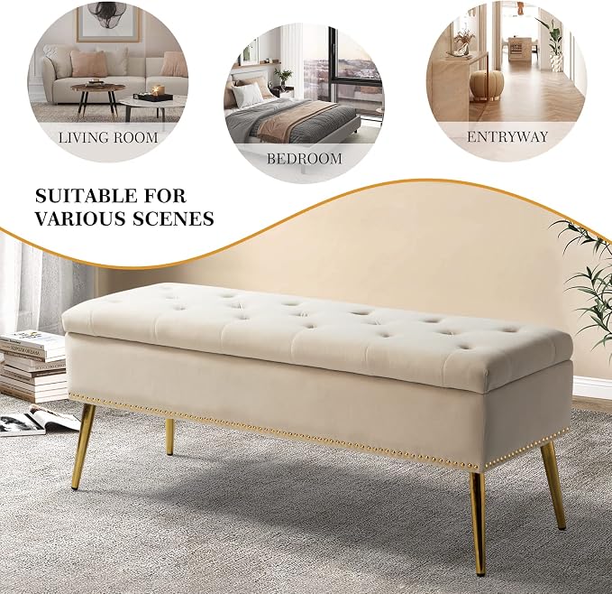 HULALA HOME Modern Velvet Storage Ottoman Bench with Gold Base & Nailhead Trim, Upholstered Bedroom Bench for End of Bed, Button-Tufted Footstool for Entryway Living Room Dining Room, Tan - Image 6