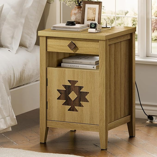 Nightstand with Drawers and Charging Station for Small Space,Wood Nightstand with Storage Cabinet & Drawer & Shelf,Modern and Farmhouse Night Stand for Bedroom,Oak by Unknown
