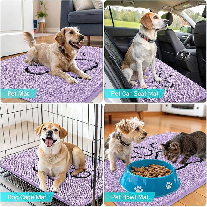 OLANLY Dog Door Mat for Muddy Paws 48x30, Paw Print Design, Absorbs Moisture and Dirt, Absorbent Non-Slip Washable Doormat, Quick Dry Chenille Mud Mat for Dogs, Entry Indoor Entryway Carpet, Lavender - Image 7