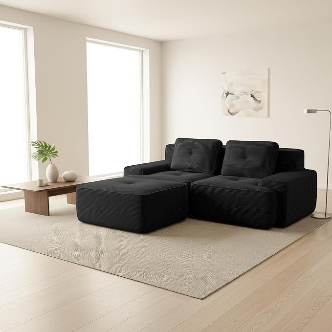 Casaphoria 80" Black Corduroy Cloud Couch, Boneless Modular Sectional Sofa for Living Room with Deep 2-Seat & 1-Ottoman, L Shape Cloud Couch No Assembly Required