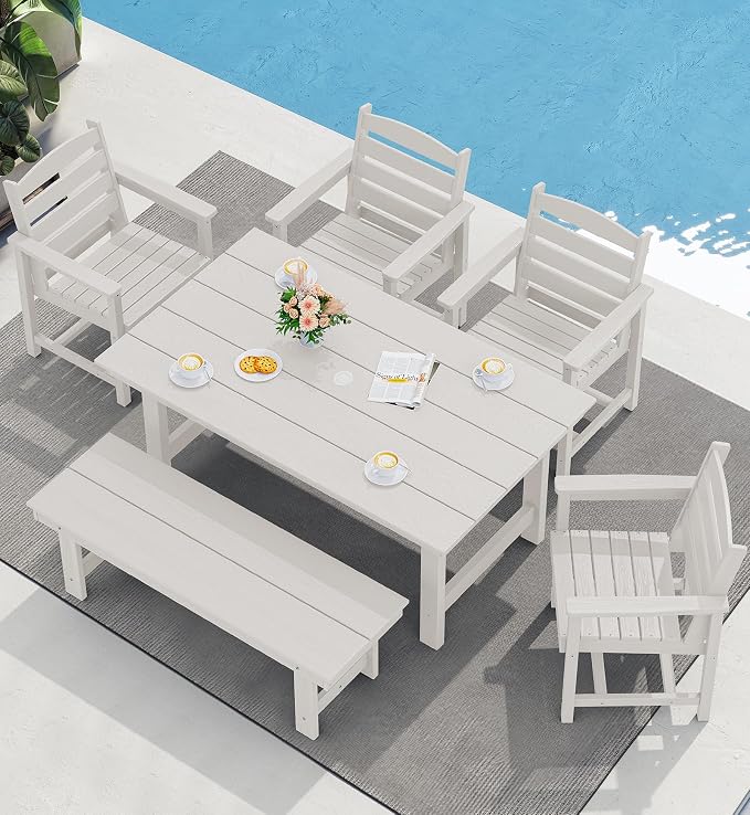 SERWALL Outdoor Dining Set for 6, HDPE Dining Furniture Set with Umbrella Hole Cut-Out Table and 1 Dining Bench and 4 Chairs, All Weather Outdoor Dining Bench Sets, White by SERWALL