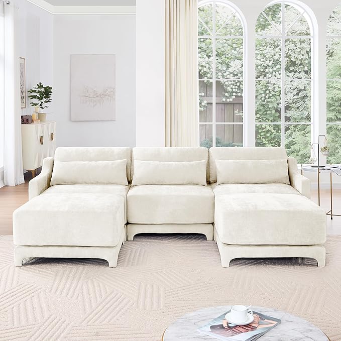 Ball & Cast 105.9” Modular Sectional Sofa, Comfy Cloud Couch with Lumbar Pillows and Ottoman,Deep Seat Chenille U Shaped Modular Sofa, Sectional Couches for Living Room, Bedroom and Apartment, Beige