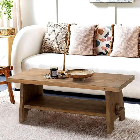 Farmhouse Wood Coffee Table - 43.4” Mid Century Modern Wooden Coffee Tables for Living Room, Solid Firwood Tabletop Rectangle Coffee Table, Center Table for Living Room, Brown