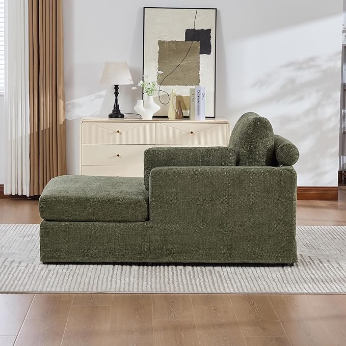 KEIKI 60" Chaise Lounge Chair Indoor, Modern Deep Seat Sofa Bed, Corduroy Couch with Cushions, Single Sleeper Chair for Living Room, Bedroom, Apartments, Green (Right Side)