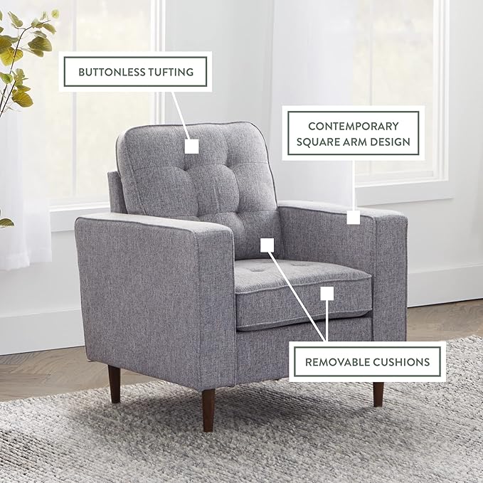Edenbrook Lynnwood Upholstered Accent Chair - Living Room Furniture - Office - Bedroom - Mid-Century Modern Design - Armchair - Buttonless Tufting - Simple Assembly - Solid Frame - Light Gray