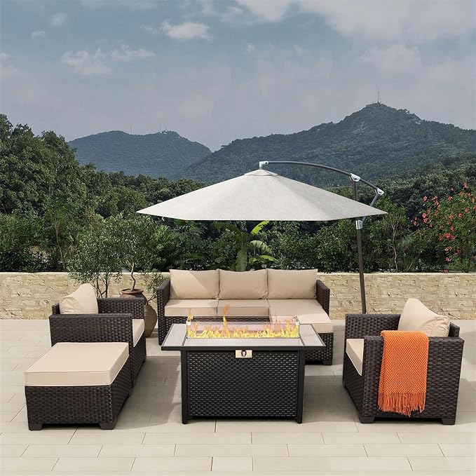 Patio Furniture Set 6-Piece Outdoor Furniture Set with 45'' Propane Gas Fire Pit Table Outdoor Conversation Set Wicker Sofa Set Non-Slip Cushions Waterproof Covers, Khaki