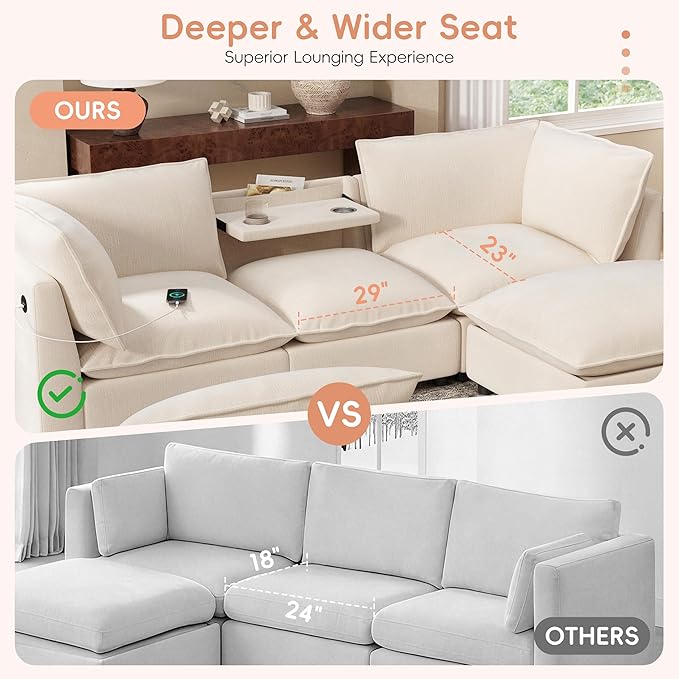 Merax Modern U-Shaped Sectional Sofa with 2 Movable Storage Ottomans, Chenille 6-Seat Couch Set with Fold-Down Backrest Table, Charing Ports, Cup Holders for Living Room,Space Saving, Beige