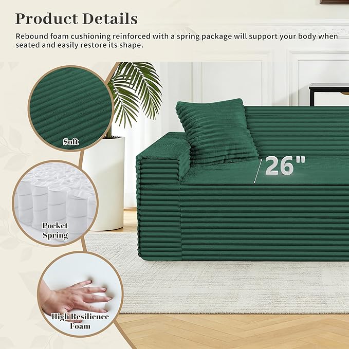 75" Cloud Loveseat Sofa, 26" Deep Seat Boneless Couches for Living Room, Modern 3 Seater Sofa with Throw Pillows, Corduroy Compression Sofa in Box, No Assembly Couch for Bedroom, Dorm, Dark Green