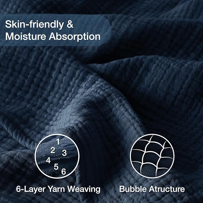 100% Cotton Muslin Blanket Large 50" x 70", 6 Layers Breathable and Lightweight Navy Throw Blanket for Bed and Couch, Soft Quilt Bedspread, Gauze Blanket for Adults All Season, Navy, Dark Blue