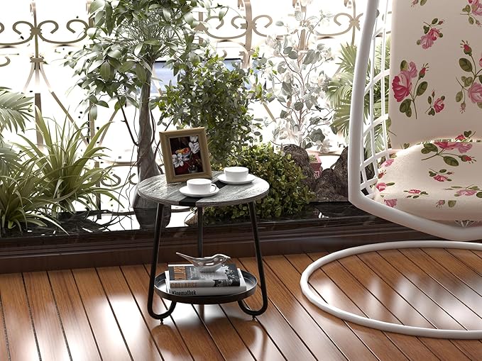 2 Tier Coffee Table in Living Room, Industrial Style Round Coffee Table with Metal Tray, Wood Small Outdoor Coffee Table for Bedroom Balcony Patio, Gray