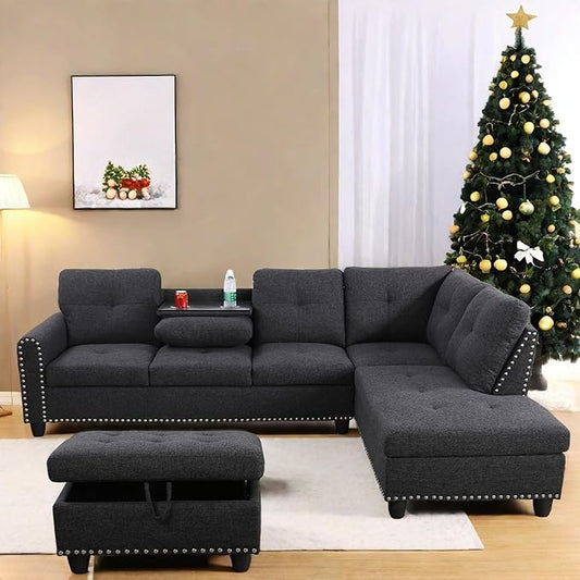 FONTOI L Shaped Sectional Couch with Otttoman, 97" Sectional Sofa for Living Room Flannel Modular Couches with Cup Holders for Bedroom, Apartments, Black Grey