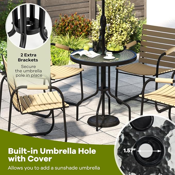 Tangkula 27.5 Inch Round Outdoor Dining Table with Tempered Glass Top, Outside Bistro Table with Umbrella Hole & Metal Frame, Patio Dining Table for Backyard, Lawn, Deck & Poolside - Image 6