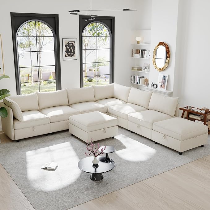 Oversized 8 Seater Modular Storage Sectional Sofa Customizable Seating Group Sofa&Couch Convertible Sleeper Sofabed W/Movable Ottoman & Seat, U-Shaped Chenille Upholstered Sofa Couch for Living Room