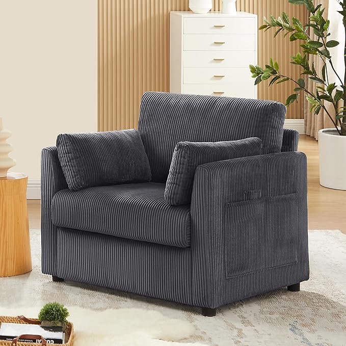 3 Pieces Corduroy Living Room Sofa Sets, 3-Seater Couch with Set of 2 Reading Armchairs, Comfy Pillows and Storage Pockets, Modern Living Room Furniture Sets for Apartment, Small Spaces, Grey