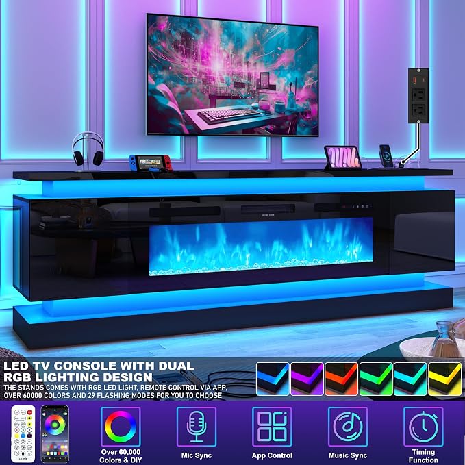 chartustriable 81IN LED TV Stands w/50 inch Fireplace Power Outlet for 90/85/80/75 Inch TVs,High Glossy Modern TV Media Console Gaming with 2 Storage Cabinets,Dual LED Lights,Black - Image 4