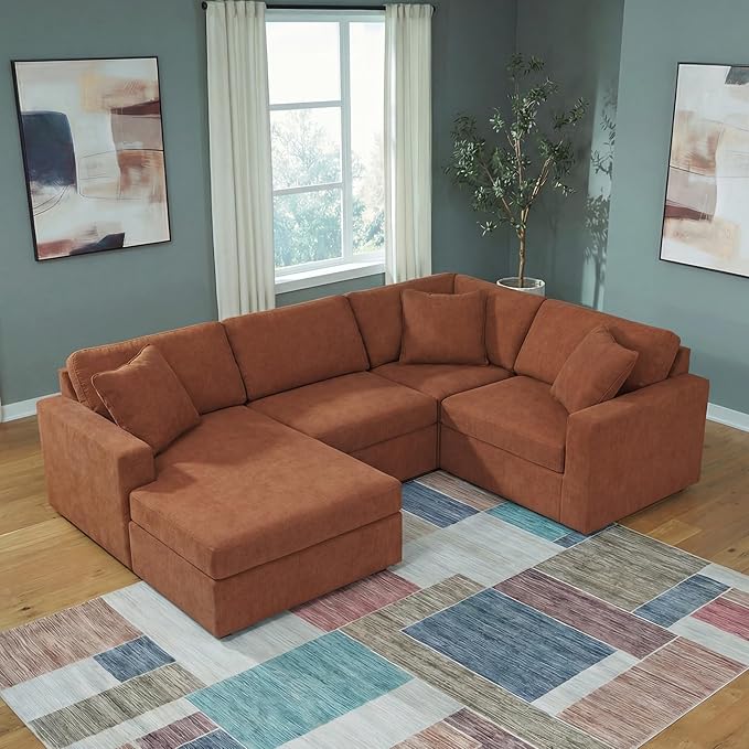Signature Design by Ashley Casual Modmax Stain Resistant U-Shape Left-Arm Facing 4-Piece Sectional with Chaise and Reversible Cushion, Orange