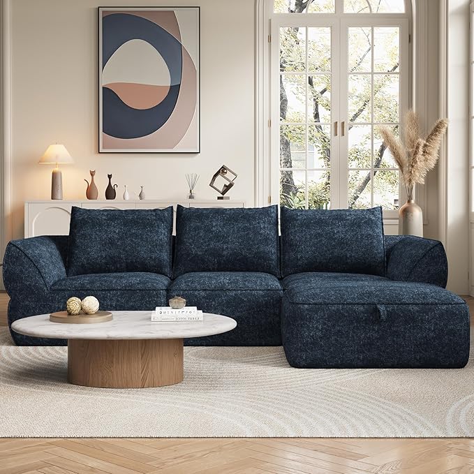 104" Modular Sectional Sofa with Deep Seat, Comfortable Upholstery L Shaped Cloud Couch for Living Room, 3-Seater Boneless Sofa with Movable Ottomans, Removable Cover, No Assembly Required, Aqua Blue