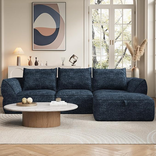 104" Modular Sectional Sofa with Deep Seat, Comfortable Upholstery L Shaped Cloud Couch for Living Room, 3-Seater Boneless Sofa with Movable Ottomans, Removable Cover, No Assembly Required, Aqua Blue