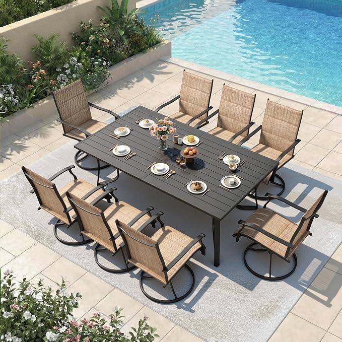 9 Pieces Patio Dining Set for 8, All Weather Outdoor Furniture Set, 75.6" Metal Dining Table with Umbrella Hole and 8 High Back Textilene Swivel Chairs for Deck Garden Lawn Poolside, Brown by RedefineModernLiving