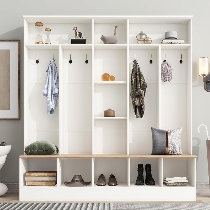 Merax 66.9" Wide Hall Tree with Storage Bench, Shoe Cabinet with Cube, & Shelves, Coat Rack with 8 Hooks for Entryways by Merax