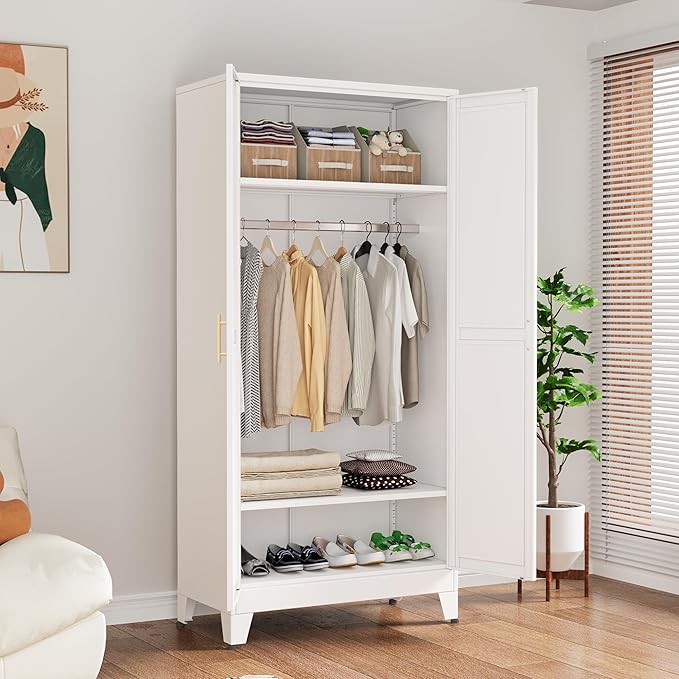Ckzbx 71" H Metal Armoire Wardrobe Closet, Adjustable Shelve, Clothes Drying Pole, Steel Wardrobe Cabinet for Bedroom (White)