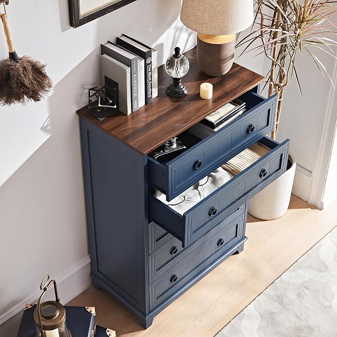 Joaxswe Farmhouse 5 Drawer Dresser for Bedroom, 42" Tall Small Dressers & Chest of Drawers, Rustic Wood Dresser with Metal Handle, Storage Organizer Closet for Living Room, Hallway, Entryway - Image 4